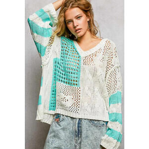 Color-Blocked Stripe Pattern Knit Top with Twisted Weave
